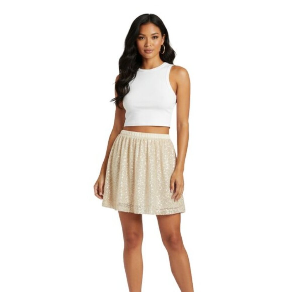 Forever 21 Champagne Gold Sequin Mini Skirt Relaxed Fit Size Medium M - Party